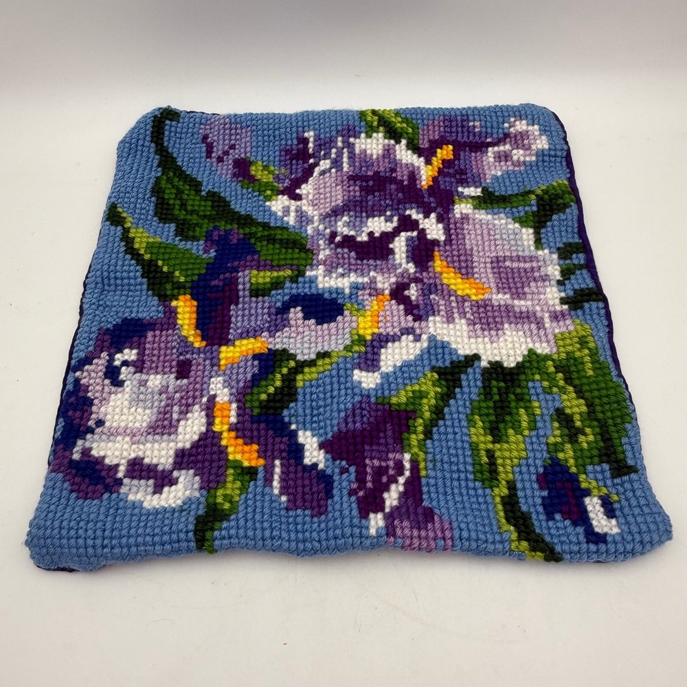 Handmade Vintage Needlepoint Floral Iris Pillow Cover Purple Blue 14x14